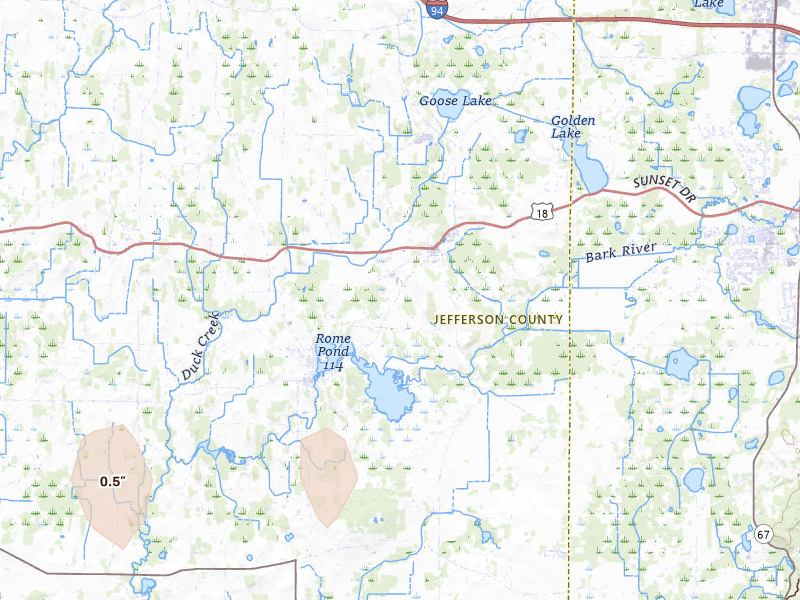 Radar-estimated hail-size map of the storm over Sullivan, WI on Aug 9, 2026