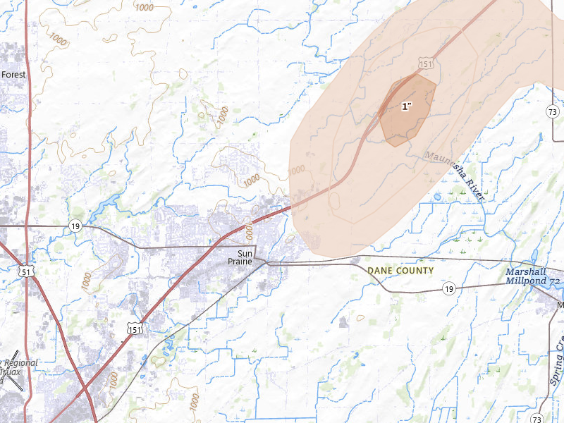 Radar-estimated hail-size map of the storm over Sun Prairie, WI on Jul 2, 2026