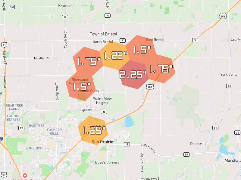 Hail map of Sun Prairie, WI on Jul 2, 2026, hail up to 2.25"