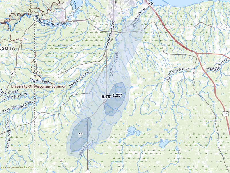 NEXRAD radar-signature map of the hail over Superior, WI