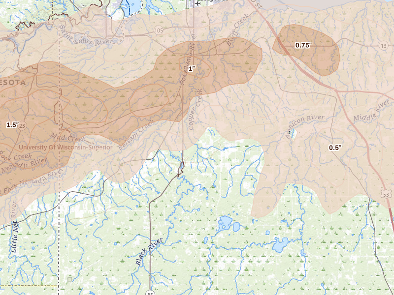 Radar-estimated hail-size map of the storm over Superior, WI on Jun 29, 2026