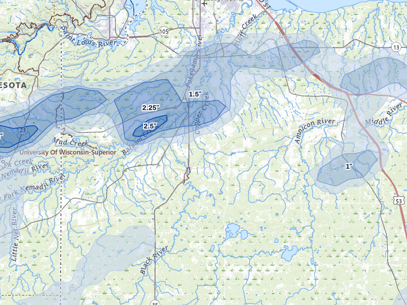 NEXRAD radar-signature map of the hail storm over Superior, WI on Jun 29, 2026