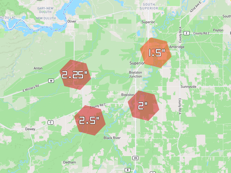 Hail map of Superior, WI on Jun 29, 2026, hail up to 2.5"
