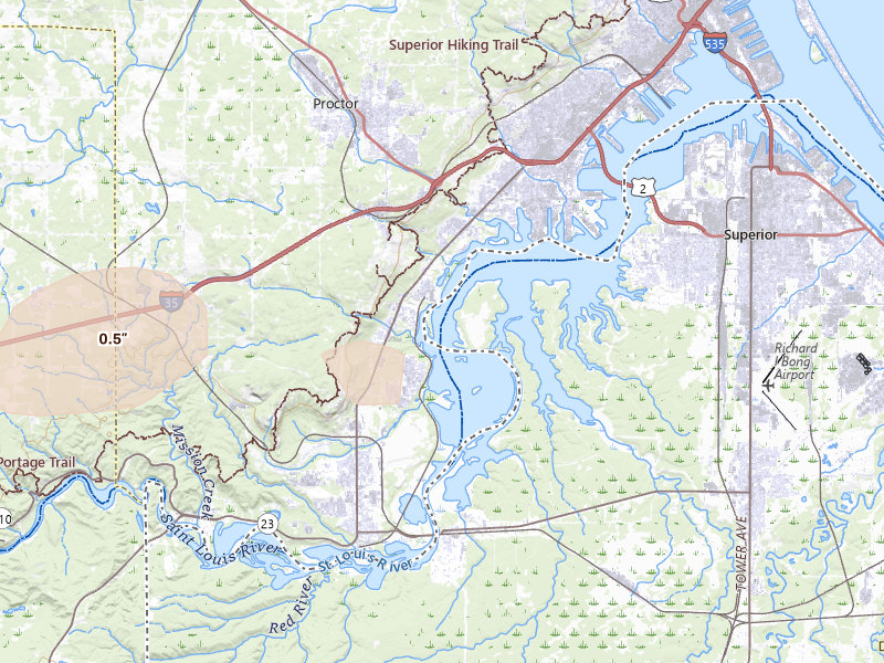 Radar-estimated hail-size map of the storm over Superior, WI on Aug 25, 2026