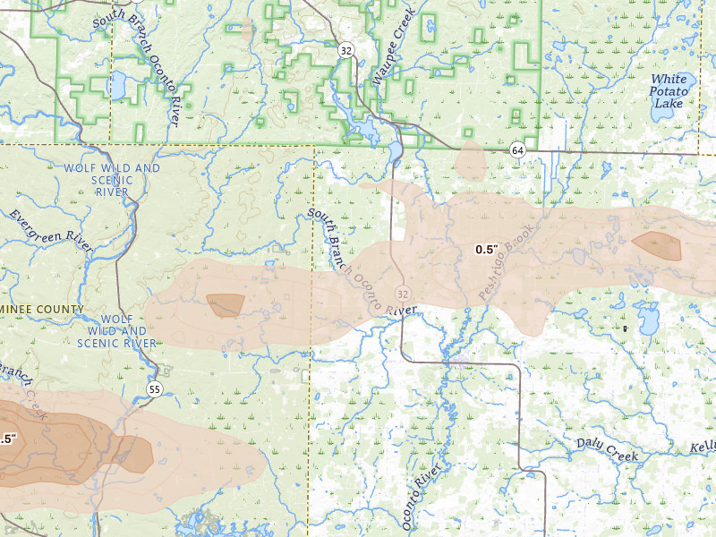 Radar-estimated hail-size map of the storm over Suring, WI on Aug 11, 2026