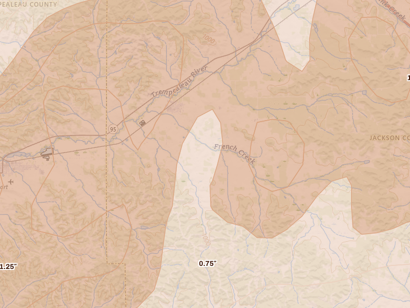 Radar-estimated hail-size map of the storm over Taylor, WI on Apr 13, 2026