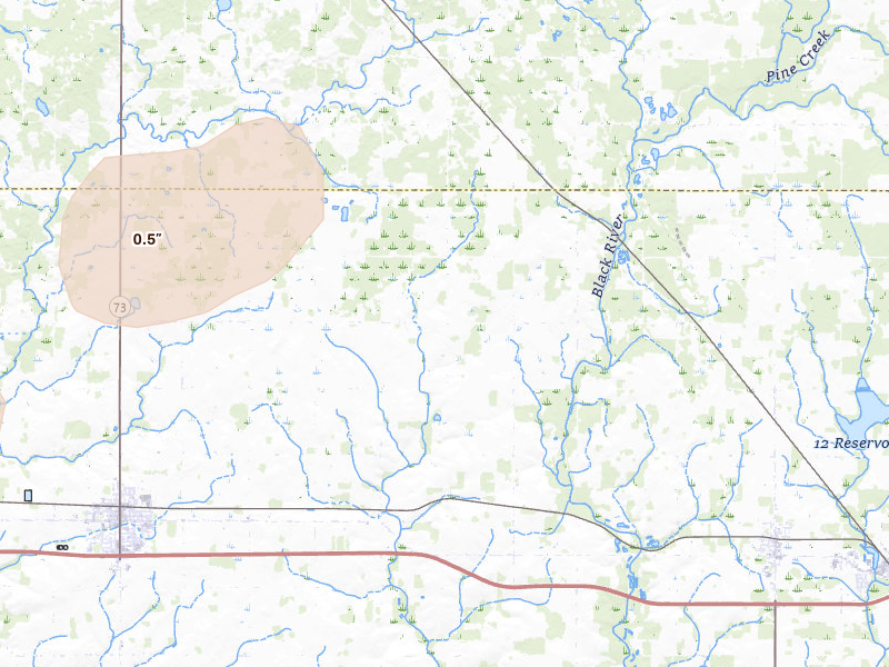 Radar-estimated hail-size map of the storm over Thorp, WI on Jun 10, 2026