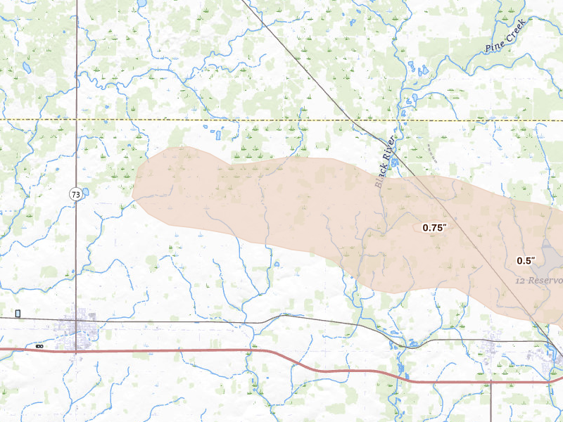 Radar-estimated hail-size map of the storm over Thorp, WI on Jun 24, 2026