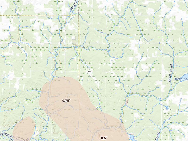 Radar-estimated hail-size map of the storm over Thorp, WI on Aug 11, 2026