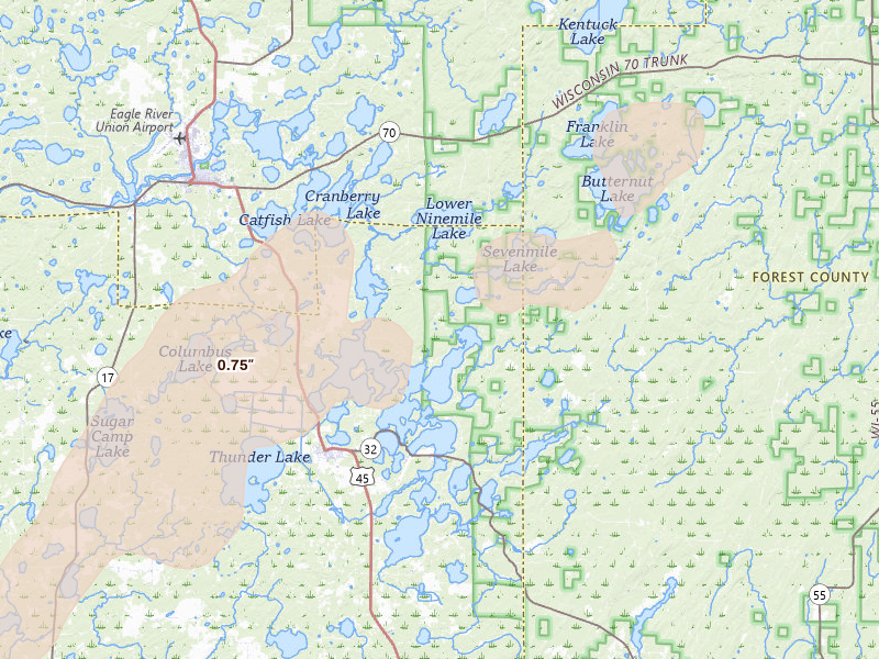 Radar-estimated hail-size map of the storm over Three Lakes, WI on May 17, 2026