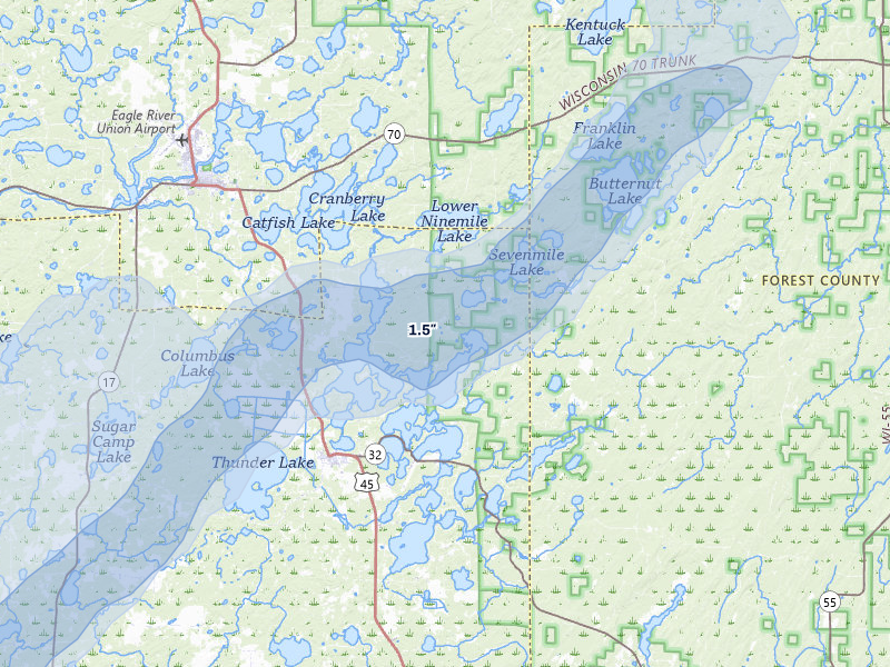 NEXRAD radar-signature map of the hail storm over Three Lakes, WI on May 17, 2026