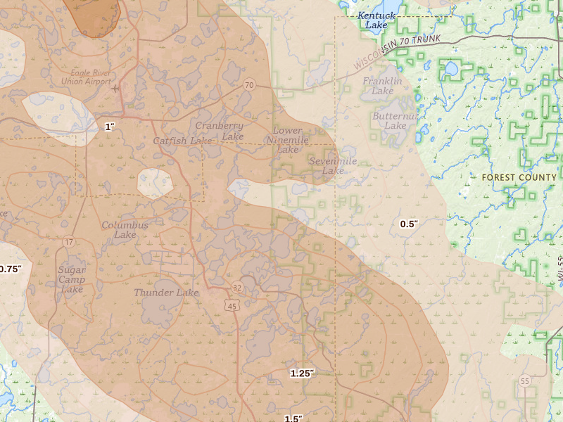 Radar-estimated hail-size map of the storm over Three Lakes, WI on Jul 27, 2026
