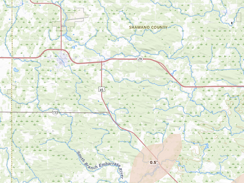 Radar-estimated hail-size map of the storm over Tigerton, WI on Apr 13, 2026