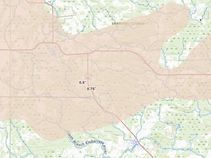 Radar-estimated hail-size map of the storm over Tigerton, WI on Jun 30, 2026