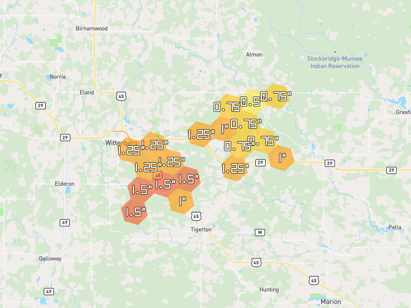 Hail map of Tigerton, WI on Jun 30, 2026, hail up to 1.5"