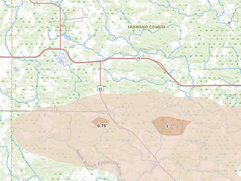 Radar-estimated hail-size map of the storm over Tigerton, WI