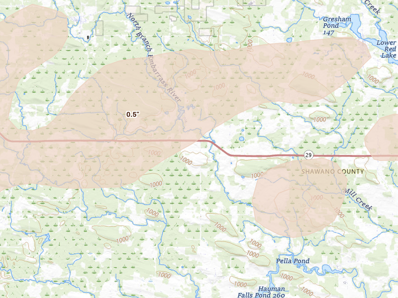 Radar-estimated hail-size map of the storm over Tilleda, WI on Jun 30, 2026