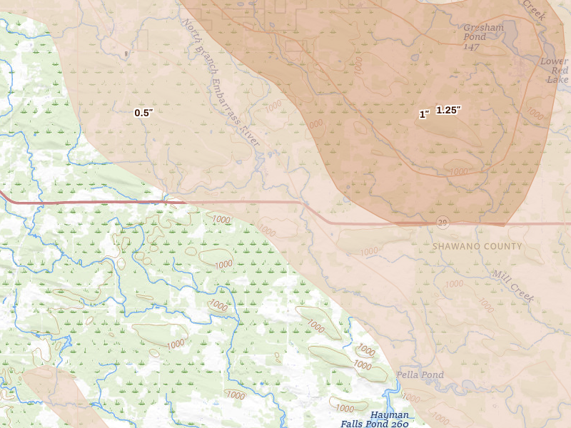 Radar-estimated hail-size map of the storm over Tilleda, WI on Jul 27, 2026