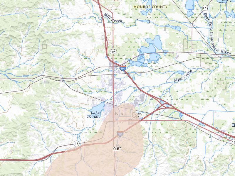 Radar-estimated hail-size map of the storm over Tomah, WI on Apr 17, 2026
