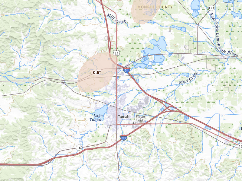 Radar-estimated hail-size map of the storm over Tomah, WI on Apr 23, 2026