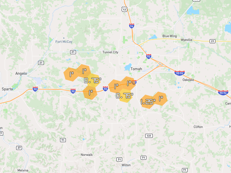 Hail map of Tomah, WI on Jun 6, 2026, hail up to 1.25"