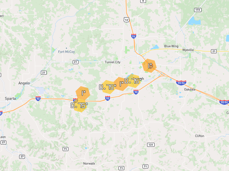 Hail map of Tomah, WI on Jun 30, 2026, hail up to 1"