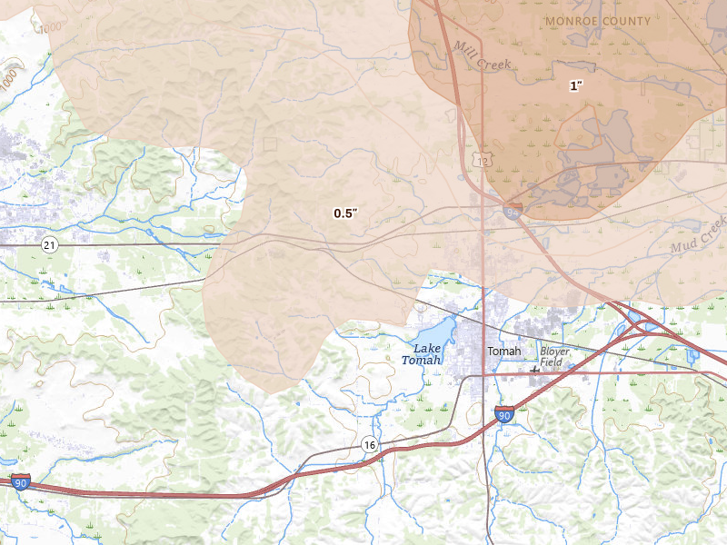 Radar-estimated hail-size map of the storm over Tomah, WI on Aug 9, 2026