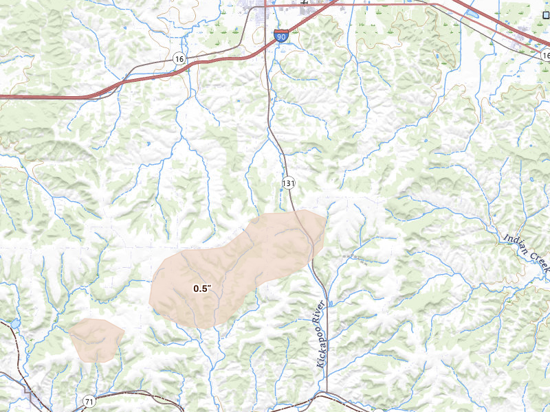 Radar-estimated hail-size map of the storm over Tomah, WI on Sep 1, 2026