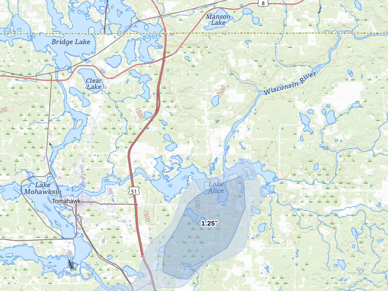 NEXRAD radar-signature map of the hail storm over Tomahawk, WI on Apr 17, 2026