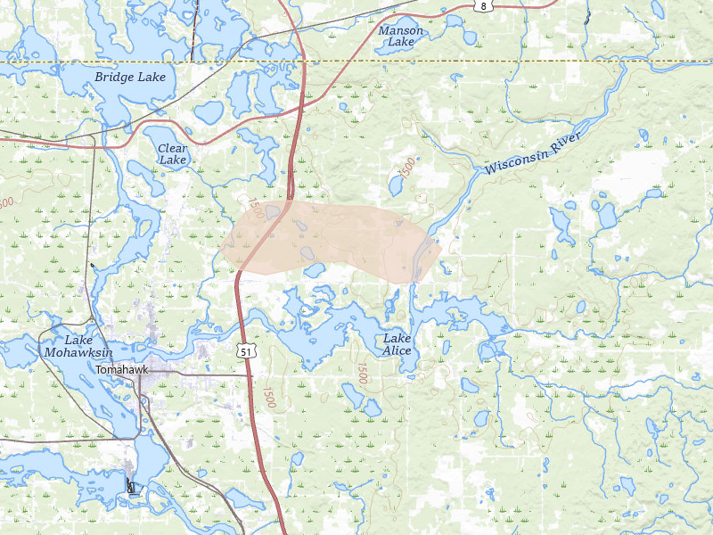 Radar-estimated hail-size map of the storm over Tomahawk, WI on Jun 24, 2026