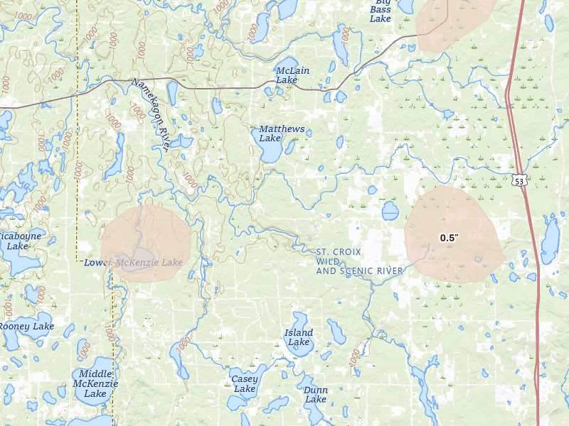 Radar-estimated hail-size map of the storm over Trego, WI on Jul 3, 2026