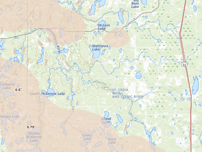 Radar-estimated hail-size map of the storm over Trego, WI on Aug 25, 2026
