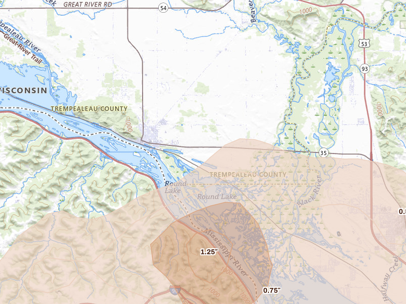 Radar-estimated hail-size map of the storm over Trempealeau, WI