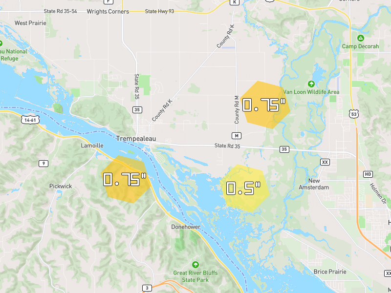 Hail map of Trempealeau, WI on Jul 1, 2026, hail up to 0.75"