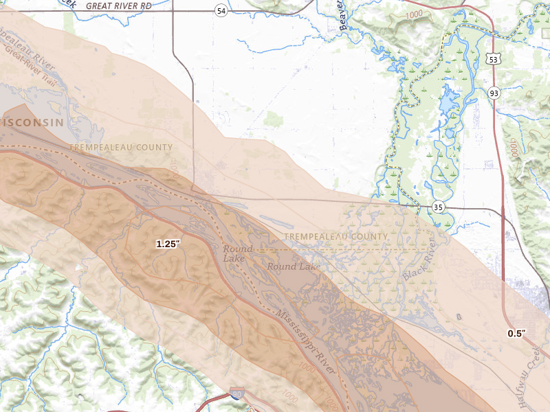 Radar-estimated hail-size map of the storm over Trempealeau, WI on Aug 18, 2026