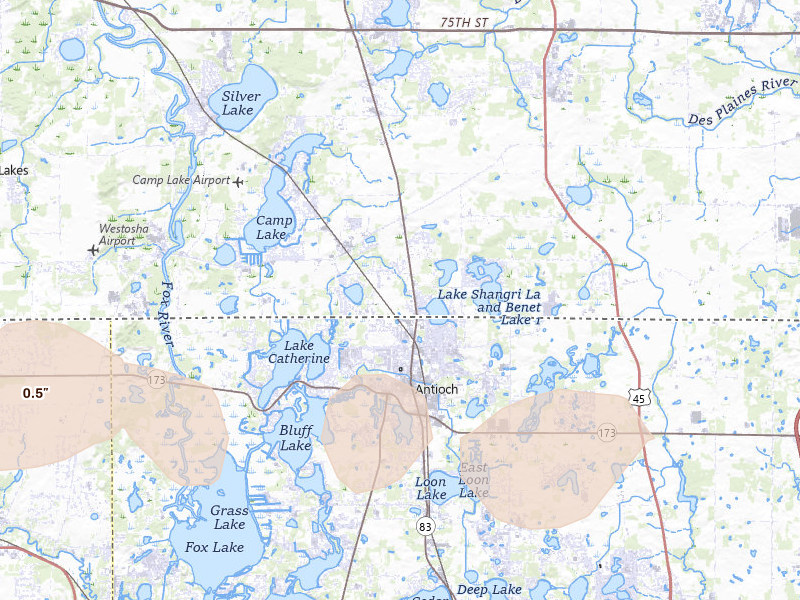 Radar-estimated hail-size map of the storm over Trevor, WI on Apr 14, 2026