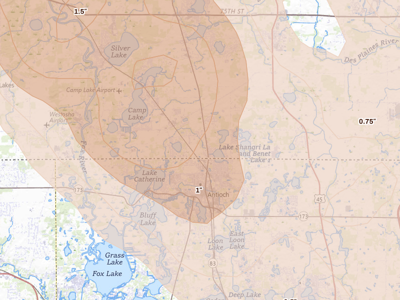 Radar-estimated hail-size map of the storm over Trevor, WI on Jul 27, 2026