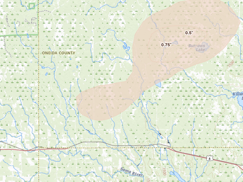 Radar-estimated hail-size map of the storm over Tripoli, WI on Apr 17, 2026