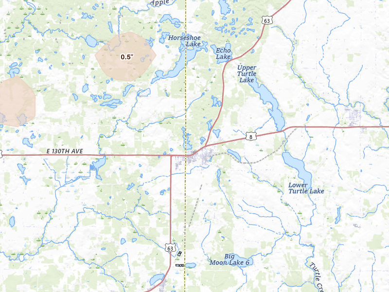 Radar-estimated hail-size map of the storm over Turtle Lake, WI on Apr 11, 2026
