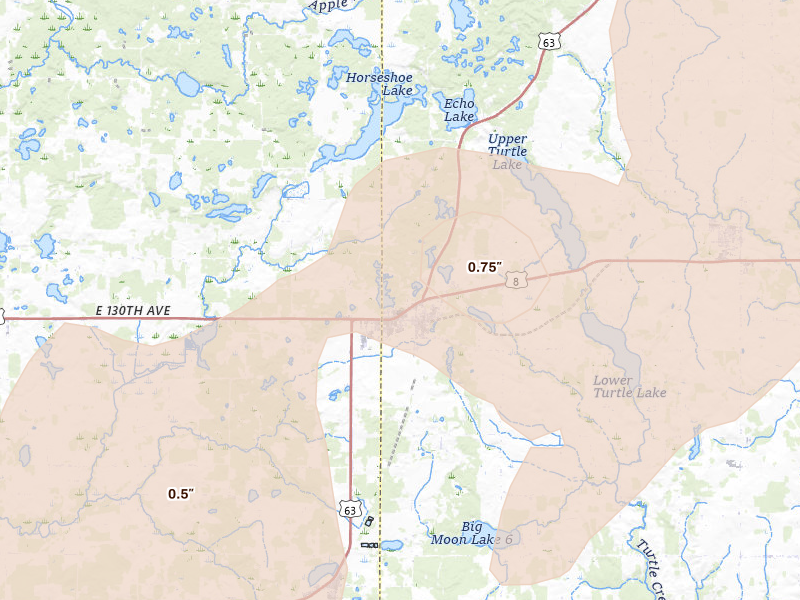 Radar-estimated hail-size map of the storm over Turtle Lake, WI on Apr 17, 2026