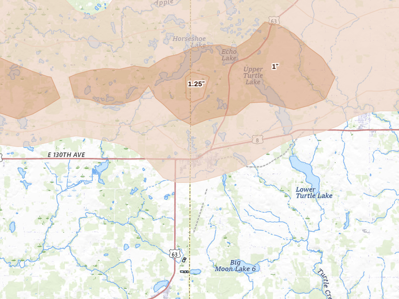 Radar-estimated hail-size map of the storm over Turtle Lake, WI on Jun 10, 2026