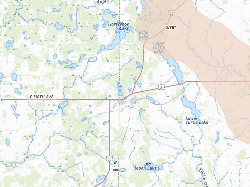 Radar-estimated hail-size map of the storm over Turtle Lake, WI on Jul 17, 2026