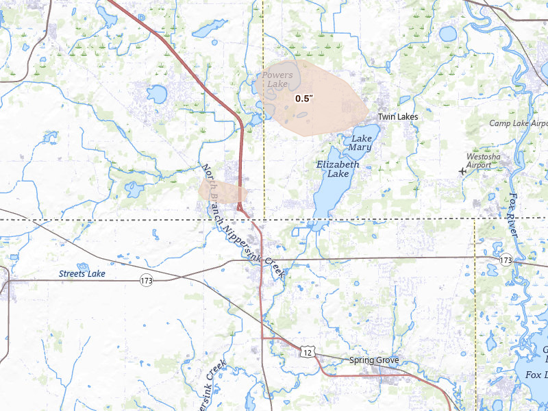 Radar-estimated hail-size map of the storm over Twin Lakes, WI on Mar 10, 2026