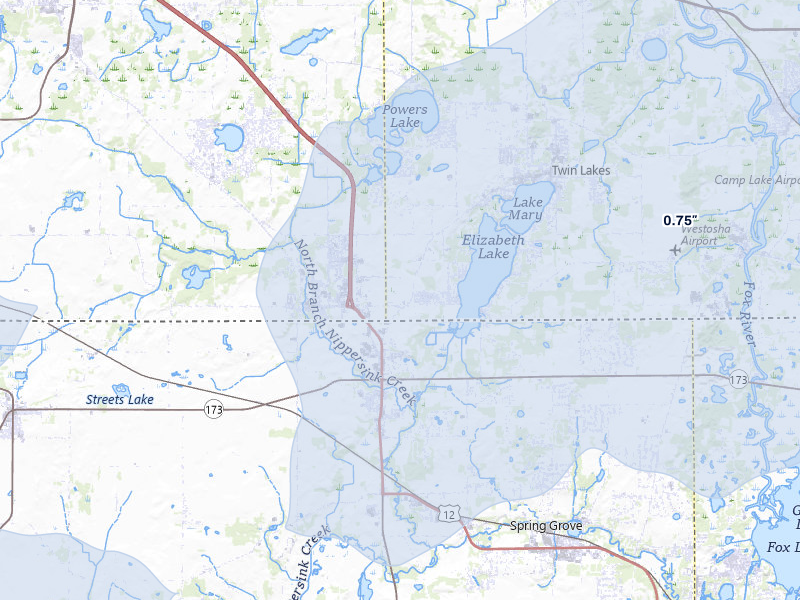 NEXRAD radar-signature map of the hail storm over Twin Lakes, WI on Apr 17, 2026