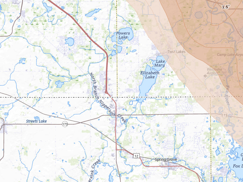 Radar-estimated hail-size map of the storm over Twin Lakes, WI on Jul 27, 2026