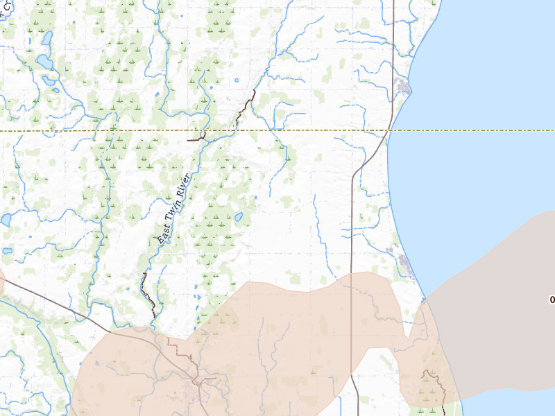 Radar-estimated hail-size map of the storm over Two Rivers, WI on Jul 1, 2026