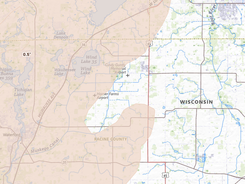 Radar-estimated hail-size map of the storm over Union Grove, WI on Apr 17, 2026