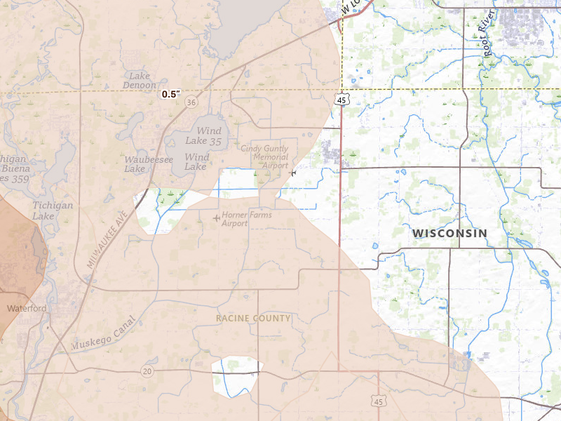 Radar-estimated hail-size map of the storm over Union Grove, WI on Jul 27, 2026