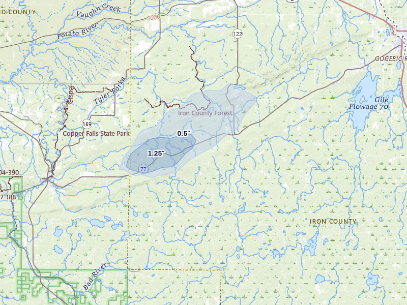 NEXRAD radar-signature map of the hail storm over Upson, WI on Jun 29, 2026