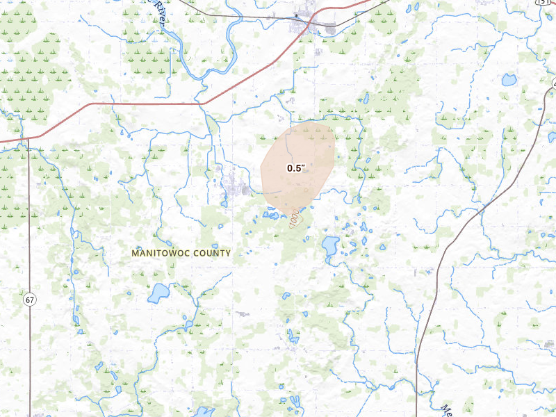 Radar-estimated hail-size map of the storm over Valders, WI on Jun 16, 2026